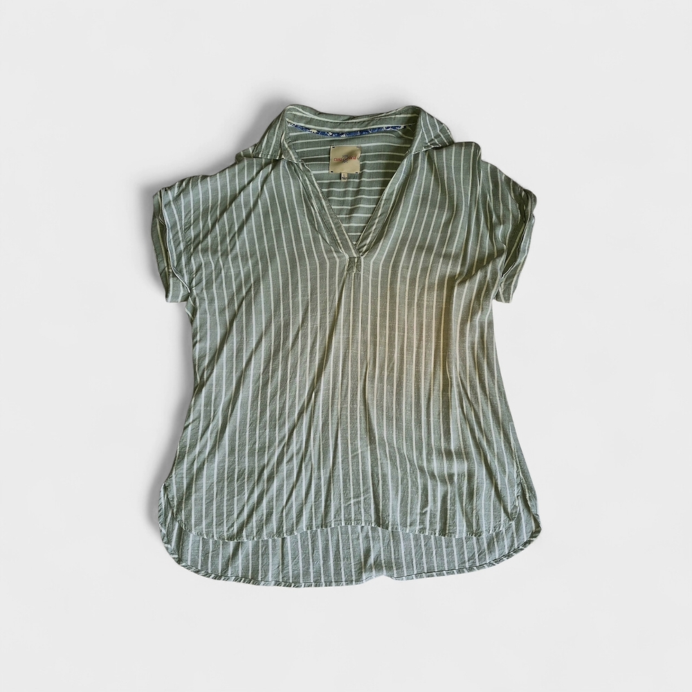 Striped V-Neck Short Sleeve Top - Green